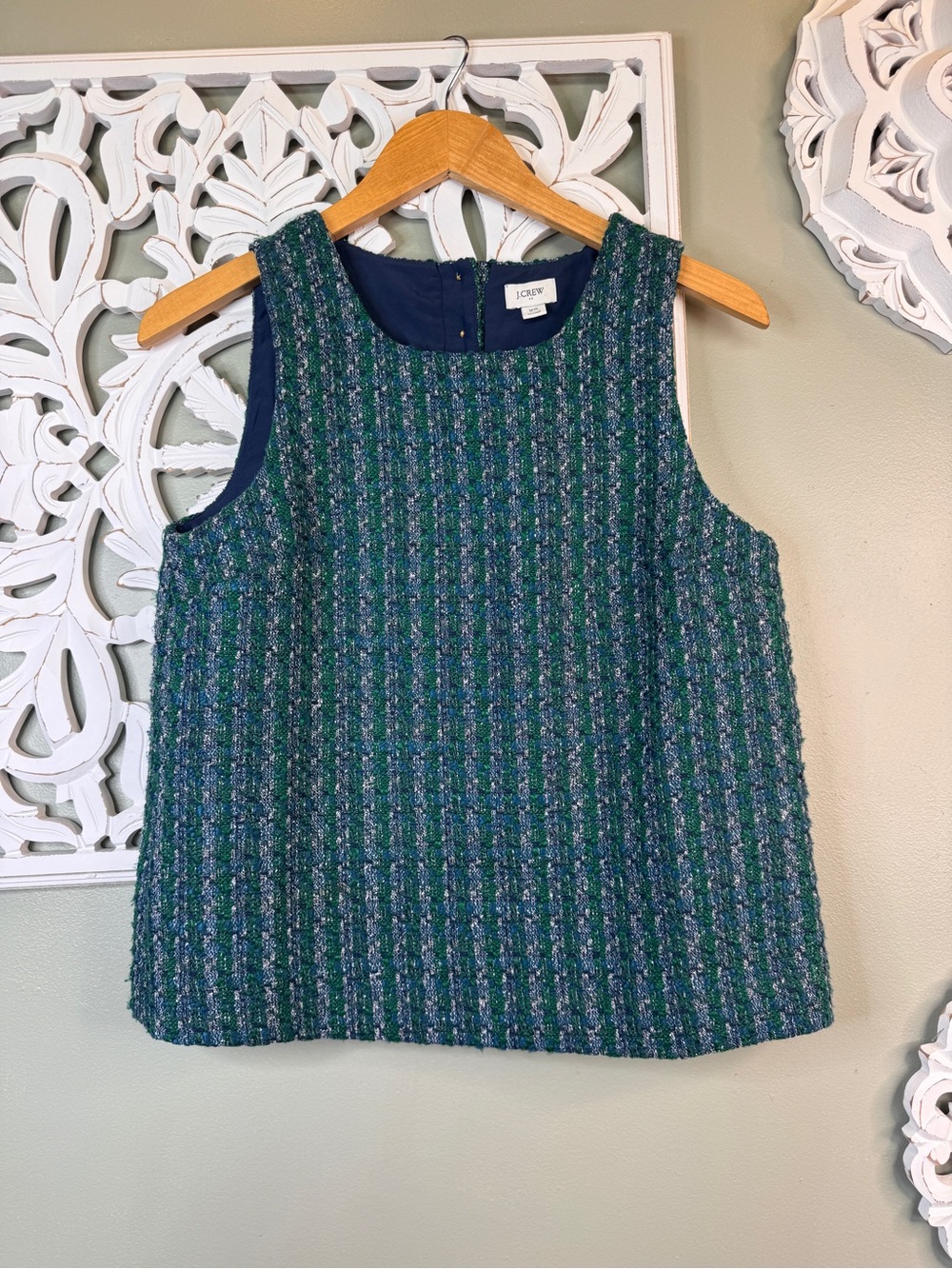J.Crew Tweed Button Back Shell Top Green Blue Gold Buttons XS